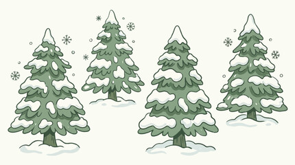 Enchanting Winter Landscape with Fluffy Green Spruce Trees and Snow Covered Pines in a Nostalgic Retro Cartoon Illustration Style for Holiday Greeting Cards and Seasonal Design Backgrounds © Thai