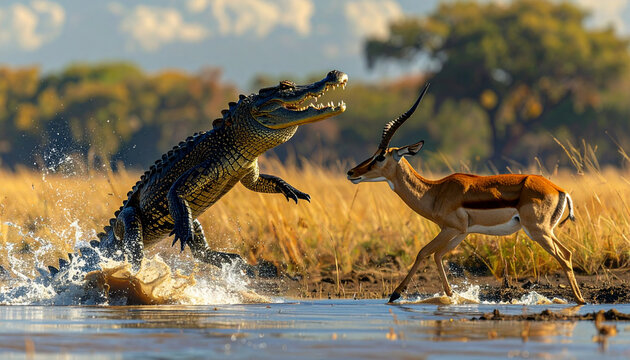 Crocodile chasing impala through water in savannah habitat