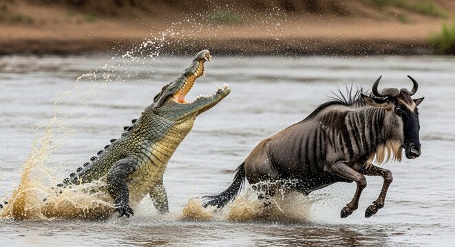 Crocodile attacking wildebeest in river water wildlife scene predator prey