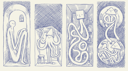 Four surreal abstract entities with elongated limbs and tiny heads standing in a minimalist void, mysterious humanoid figures with weird anatomy and slender bodies in a creative concept. © Thai