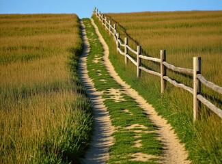 Fototapeta premium Sandy path curves up grassy hill, bordered by rustic wooden fence. Tall dry grass flanks dirt road under clear blue sky. Remote countryside travel, rural landscape.