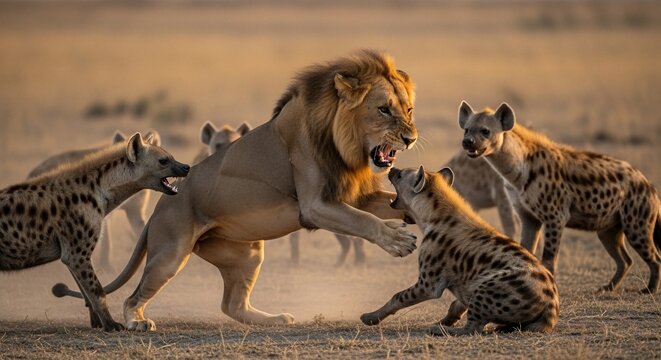 Lion fights with spotted hyena in savannah grassland wild animals
