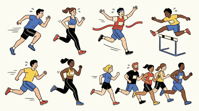 Set of diverse running people cartoon illustration flat vector isolated cute character group engaging in sport fitness jogging activity healthy lifestyle and athletic exercise training routine.