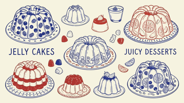 Assorted vibrant jelly cake set featuring diverse colorful desserts garnished with fresh fruit on ceramic plates alongside sweet gelatin candies and refreshing fruit juice in a studio setting.