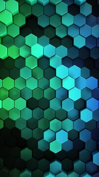 3d rendered hexagon background. Hex shapes patterned in a rainbow of colors in a smooth looping movement creating a visual of a dark shadowy motion for futuristic scientific or technical backgrounds.