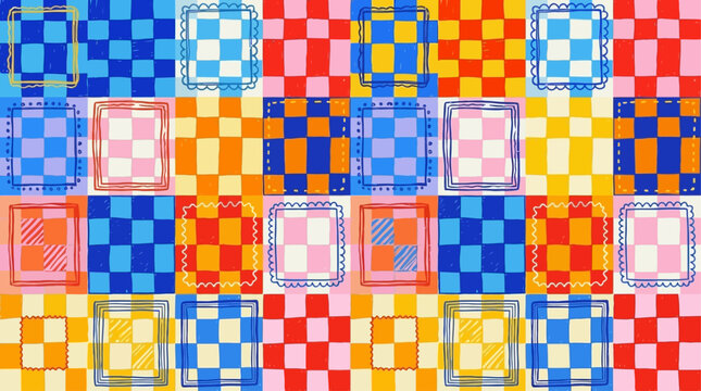 Vibrant handdrawn vector illustration of abstract funky squares featuring colorful bright quirky geometric shapes and artistic creative patterns for modern decorative graphic design.