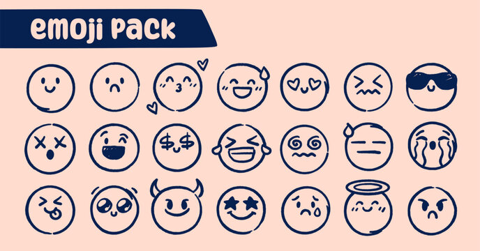 Doodle emoji pack with hand drawn facial expressions on peach background. Text says emoji pack. Vector illustration