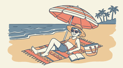 Cute youthful cartoon character resting peacefully on a striped fabric mat beneath a colorful parasol at the beach, enjoying a sunny summer day of relaxation and leisure by the ocean shore. © Thai