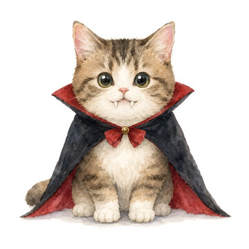 Watercolor Illustration of a Munchkin Cat Wearing a Halloween Vampire Cape with Fangs