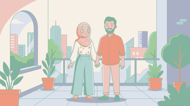 Couple standing together holding hands.