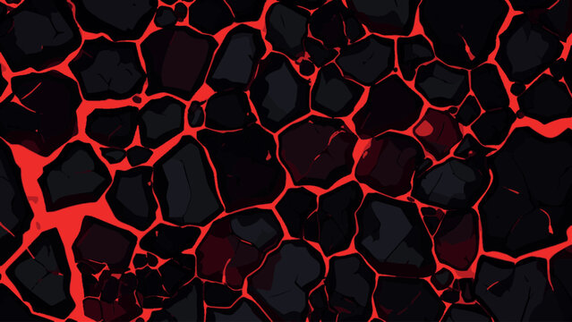 Abstract volcanic lava background featuring dark cracked basalt rocks with glowing red hot magma flowing through the crevices, perfect for gaming textures and vector designs.