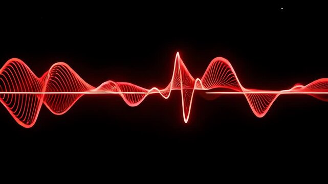 Vibrant glowing red oscillation patterns radiate energy across the dark void to visualize complex frequency modulation cycles that represent dynamic sonic vibrations captured during live