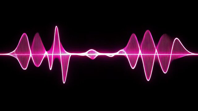 Vibrant magenta energy pulses traverse across the dark display area as dynamic frequency patterns signify the rhythmic flow of digitized electronic signals within this high speed communication