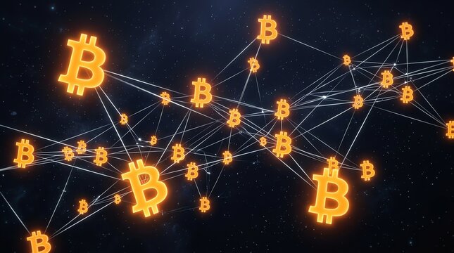 Bitcoin symbol network connected by glowing lines forms a digital blockchain grid under a dark financial sky for trading and cryptocurrency analysis