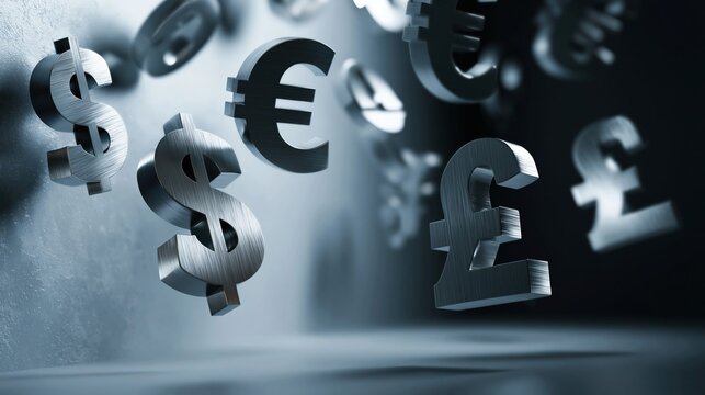 It represents concepts of international finance, investment, and economic trends. The composition highlights the interconnectedness of world currencies and the dynamic nature of financial markets.
