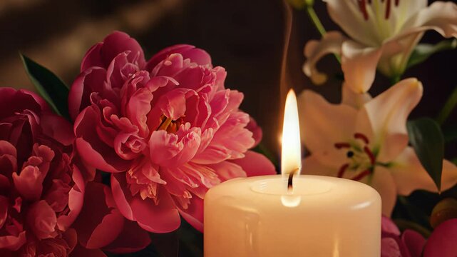Close up of a lit white candle beside vibrant pink and white flowers in a dark setting