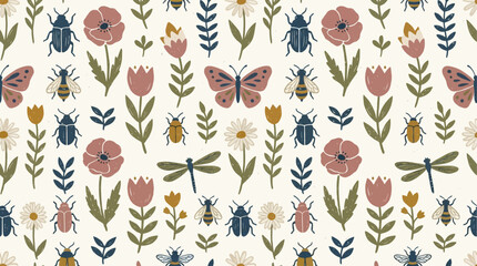 Artistic scandinavian style hand drawn vector seamless pattern featuring botanical flowers, meadow plants, and delicate garden bugs for textile, wallpaper, or wrap design decoration. © Thai