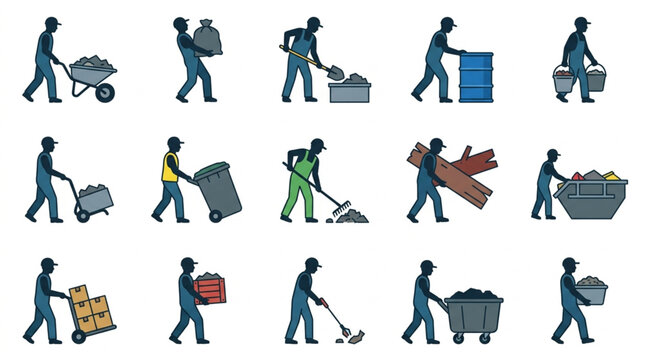 Collection of workers carrying various tools and supplies.