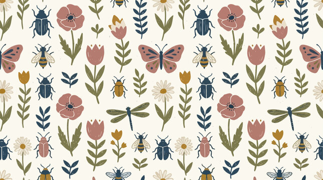 Artistic scandinavian style hand drawn vector seamless pattern featuring botanical flowers, meadow plants, and delicate garden bugs for textile, wallpaper, or wrap design decoration.