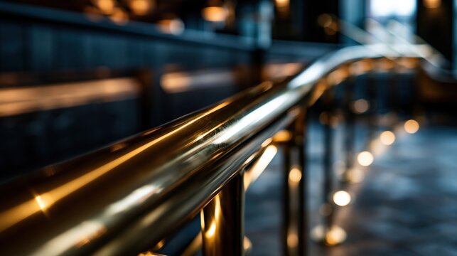 A close up shot of a golden handrail in a modern interior, showcasing its polished surface and elegant curve. The background features blurred bokeh lights.