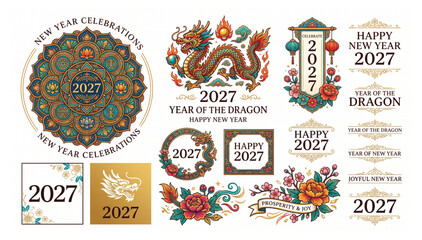 2027 chinese new year celebration graphics set with dragon motif floral wreaths and decorative text banners festival oriental illustration ornament traditional celebration greeting © Shaon