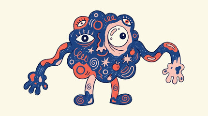 Whimsical Hand-Drawn Abstract Doodle Creature with Multiple Eyes and Organic Shapes, Playful Funny Character Featuring Quirky Limbs, Small Hands, and Long Legs on Clean Background © Thai