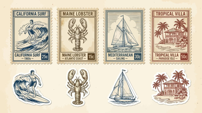 Vintage Vector Collection of Retro Travel Stamps and Aesthetic Summer Postcard Stickers Featuring Antique Engraving Illustration Style for Nostalgic Wall Art and Decorative Print Design
