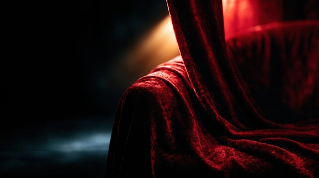 Luxury and drama with a rich red velvet fabric draped under a single spotlight. The soft folds and texture of the material are highlighted against a dark, mysterious background.