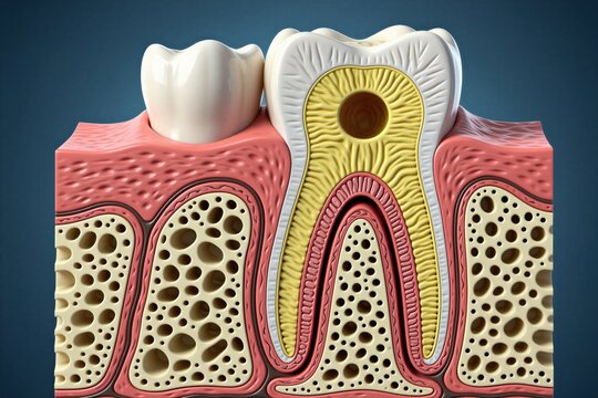 Human molar tooth cross section displays root structure enamel dentin pulp nerves and blood vessels. Bone and gum anatomy shown with internal details and oral health information.