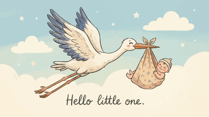 Charming cartoon stork bird flying and delivering a cute newborn infant in a soft cloth bundle, baby shower greeting card design template with hello little one typography message for birth news. © Thai