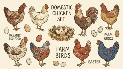 Comprehensive collection of domestic poultry featuring diverse chicken breeds including colorful hen rooster and organic egg in nest set within a rustic rural farm yard avian habitat environment. © Thai