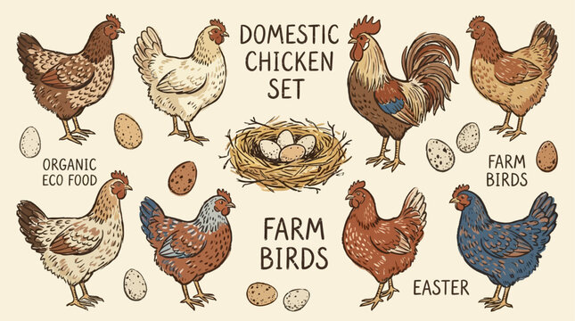 Comprehensive collection of domestic poultry featuring diverse chicken breeds including colorful hen rooster and organic egg in nest set within a rustic rural farm yard avian habitat environment.