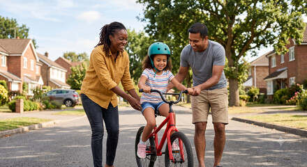 Obraz premium Diverse parents teaching young child to ride bicycle on street.