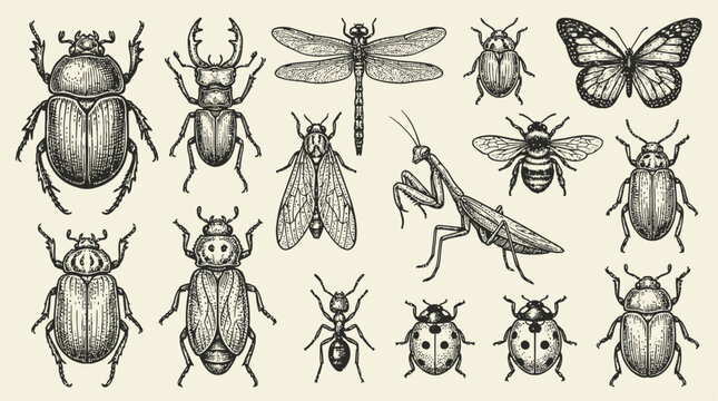 Collection of artistic hand drawn beetle and insect illustrations featuring various bugs and creepy crawlies in a modern vintage vector style isolated on white background for nature design