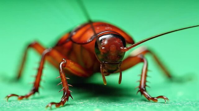 Close up of an american cockroach on a bright green surface with shallow depth of field