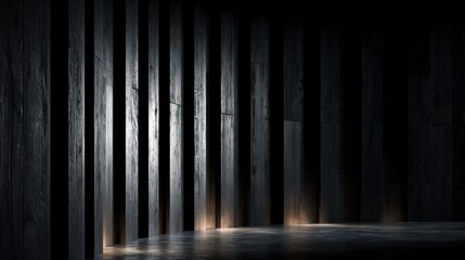 Naklejka premium A dark room interior features a wall composed of vertical wooden slats, creating a strong sense of depth and pattern. Light reflects off the polished floor and highlights the textures of the wood.