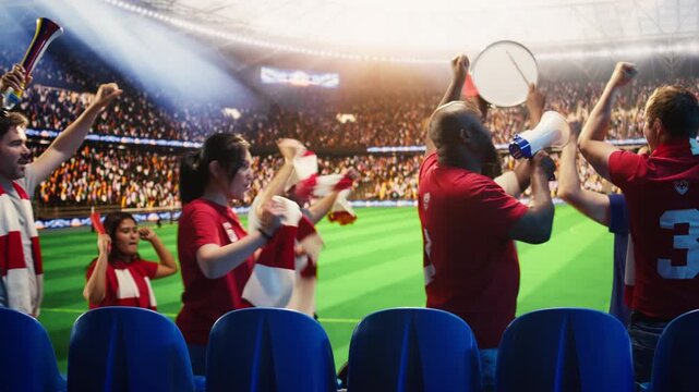 Excited football supporter beats drum among fans walking in packed stadium during match day, showing fan leader creates rhythm for loud crowd to chant with vuvuzelas and megaphone.