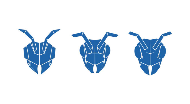 Three Blue Geometric Insect Head Designs.