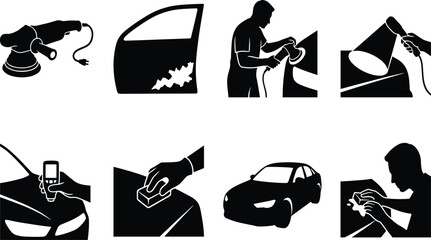 Obraz premium Car detailing and auto body repair service process black icons set isolated on white background vector