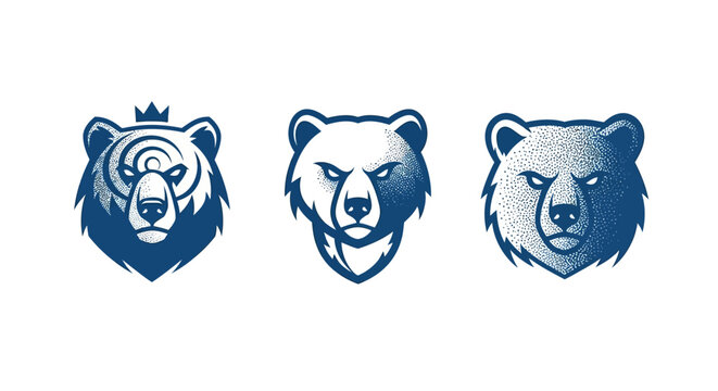Three blue bear head illustrations with crown design.