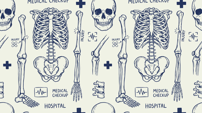 Detailed anatomical collection of human skeletal components featuring the skull pelvis ribcage femur arm and foot bones isolated for medical education and scientific biological study