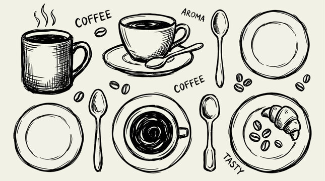 Artistic Grunge Sketch of a Black Coffee Set Featuring Cup Spoon and Saucer in Quirky Hand-Drawn Style Illustrating Various Perspectives and Textural Charcoal Ink Elements for Creative Design