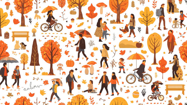 Autumn season seamless pattern featuring people walking in park riding bicycles carrying umbrellas falling leaves trees and mushrooms vector