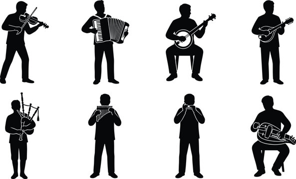 Folk musicians silhouettes set playing traditional string wind and percussion instruments isolated on white background vector