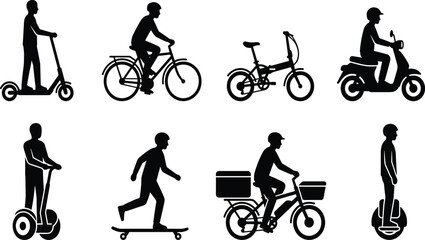 Micro Mobility Urban Transport and Eco Friendly Personal Vehicles Black Vector Silhouettes Set © MdSohel