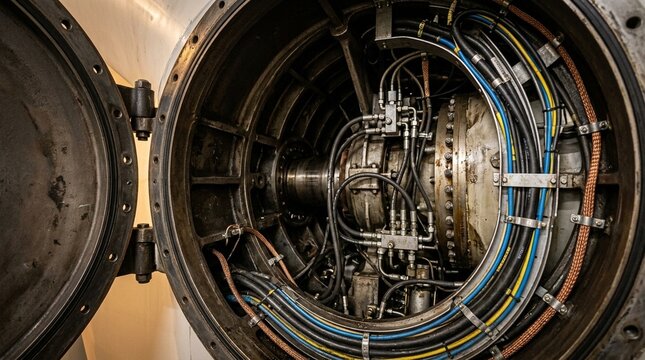 Turbine rotor hub interior access hatch open showing internal hub structure lightning protection and pitch system cables