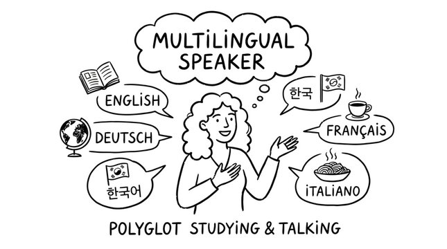 Confident Multilingual Woman Polyglot Expertly Speaking Various Foreign Languages in Diverse Global Communication Context Expressing Linguistic Intelligence and Eloquent Verbal Fluency