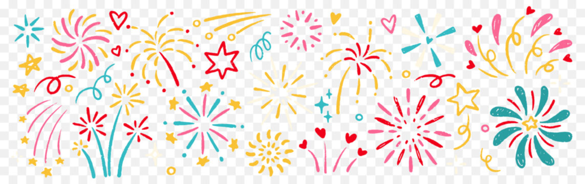 Colorful fireworks and festive doodle elements on transparent background. Vector illustration