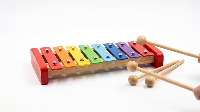 Child's colorful wooden xylophone with mallets being played