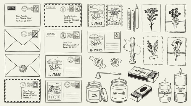 Collection of vintage envelopes featuring antique mail postmarks, nostalgic postcards, decorative red sealing wax, and handmade stationery cards for artistic scrapbooking or romantic correspondence.